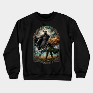 Epic Duel in Stained Glass - A Fierce Maiden and a Dark Wraith - Fantasy Crewneck Sweatshirt